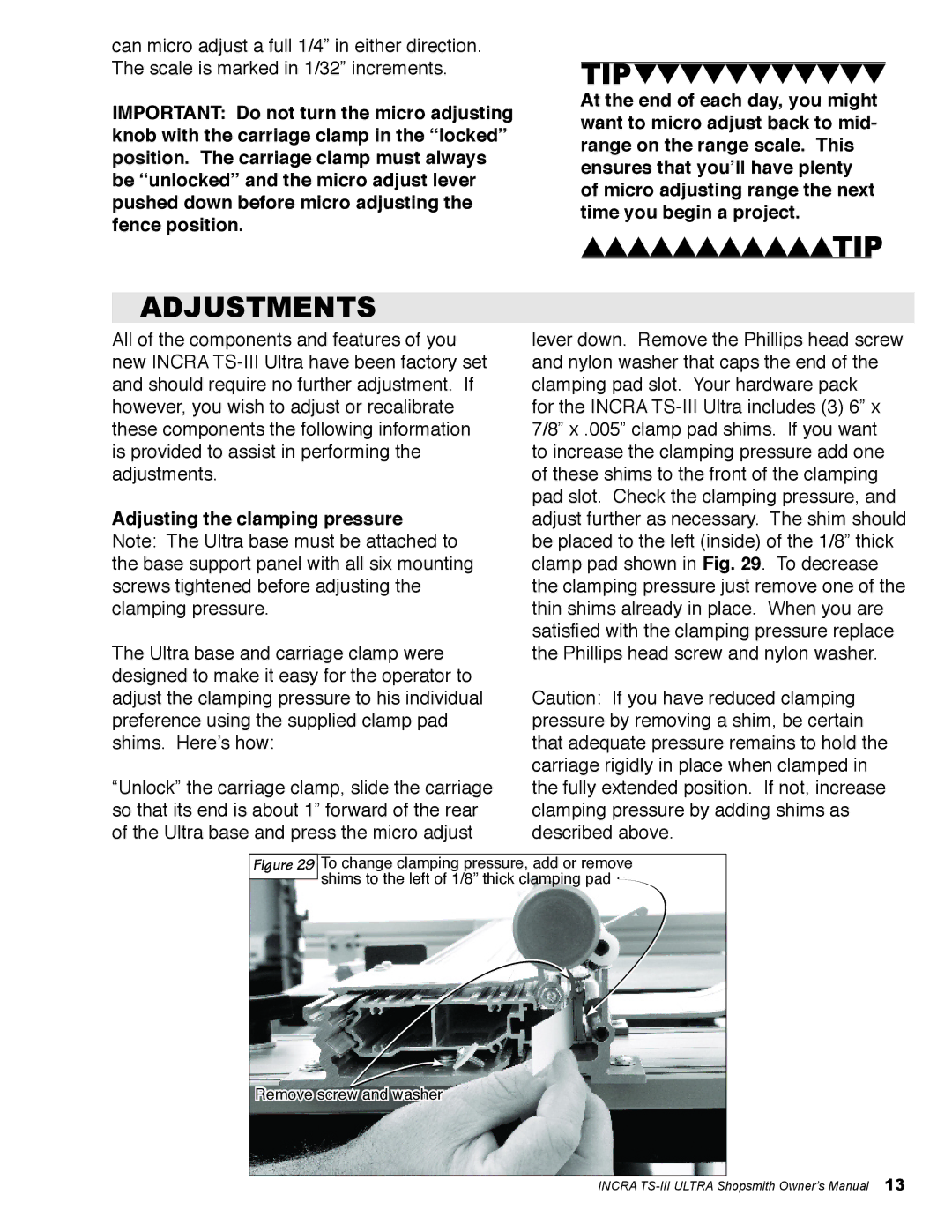 Shopsmith TS-III ULTRA owner manual Adjustments, Adjusting the clamping pressure 