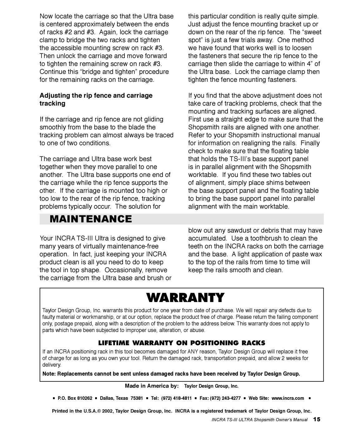 Shopsmith TS-III ULTRA owner manual Maintenance, Adjusting the rip fence and carriage tracking 