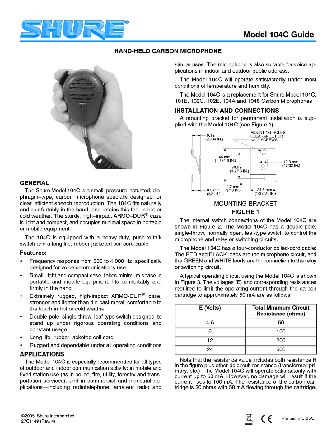 Shure 104C manual HAND-HELD Carbon Microphone, Installation and Connections, General, Applications, Mounting Bracket 