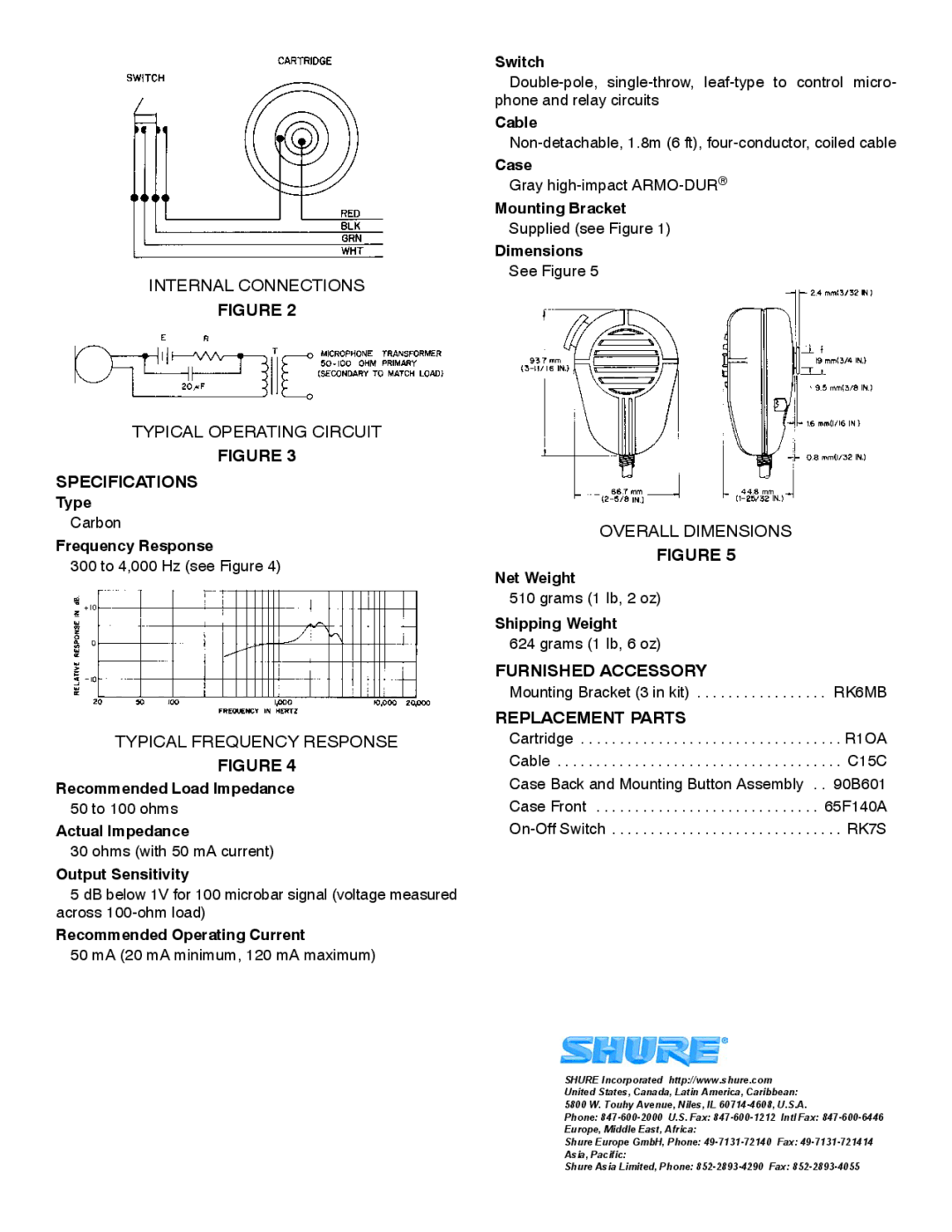 Shure 104C manual Specifications, Furnished Accessory, Replacement Parts 