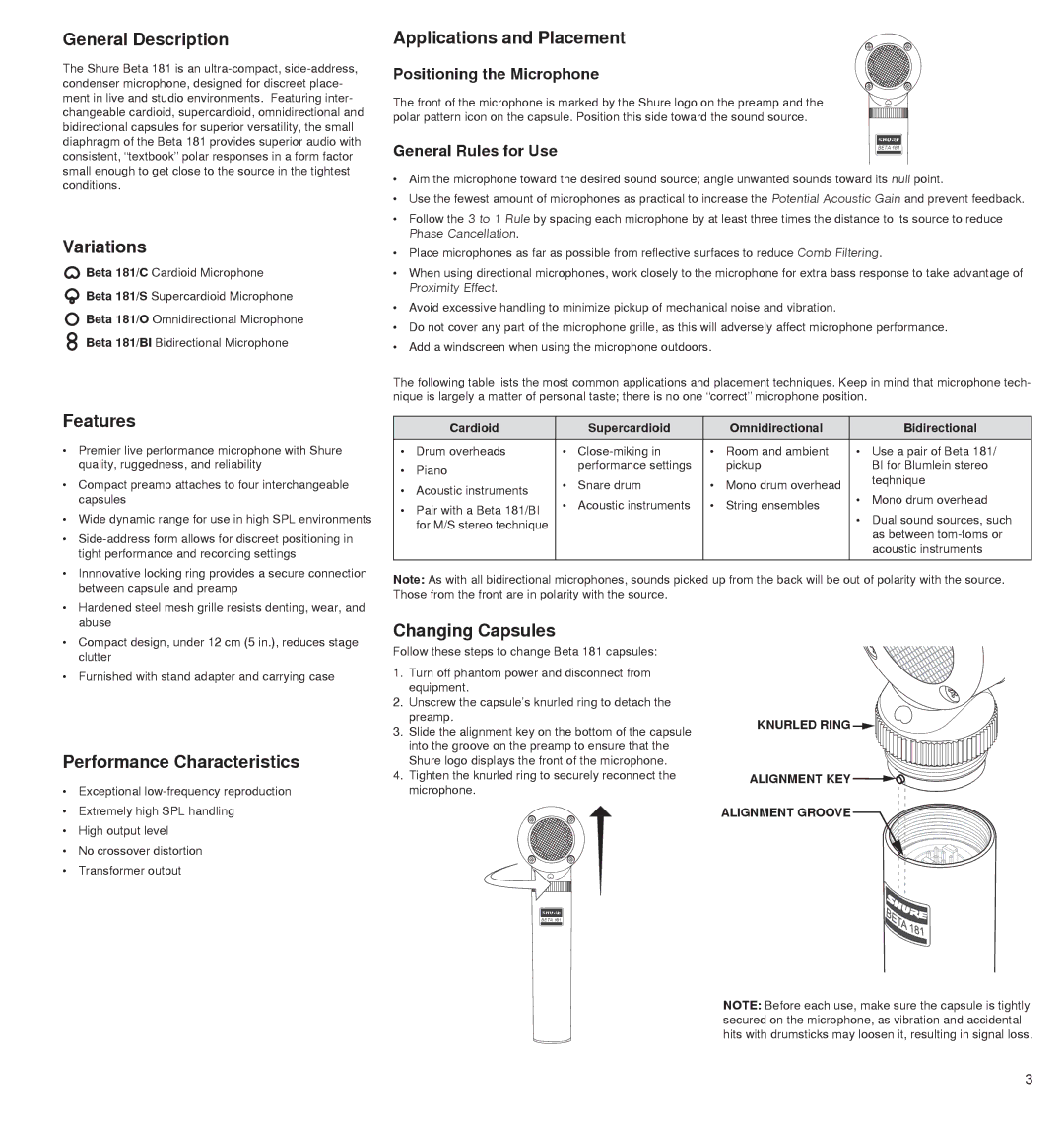 Shure 181 manual General Description, Variations, Features, Applications and Placement, Performance Characteristics 