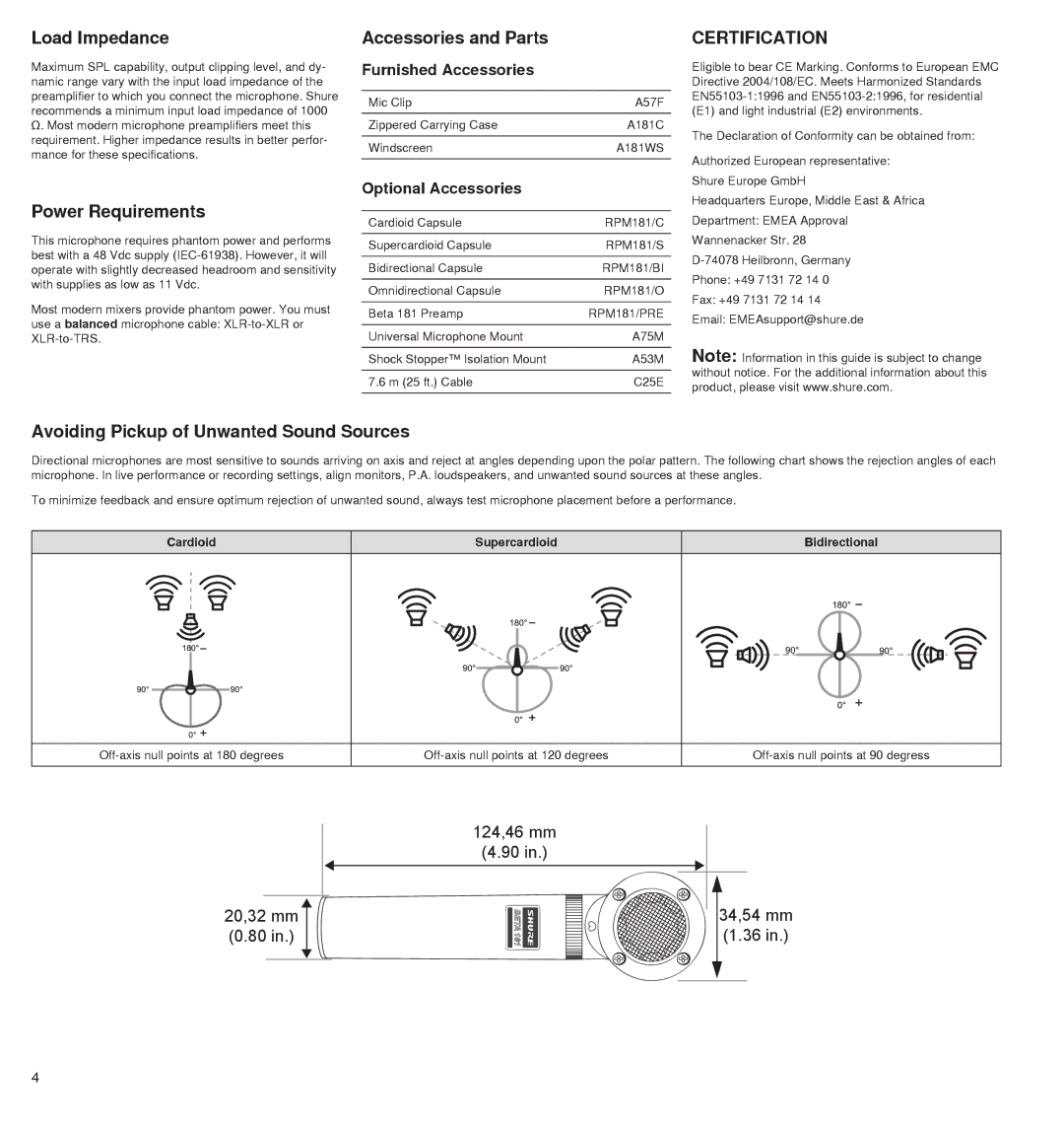 Shure 181 manual Load Impedance, Power Requirements, Accessories and Parts, Certification 