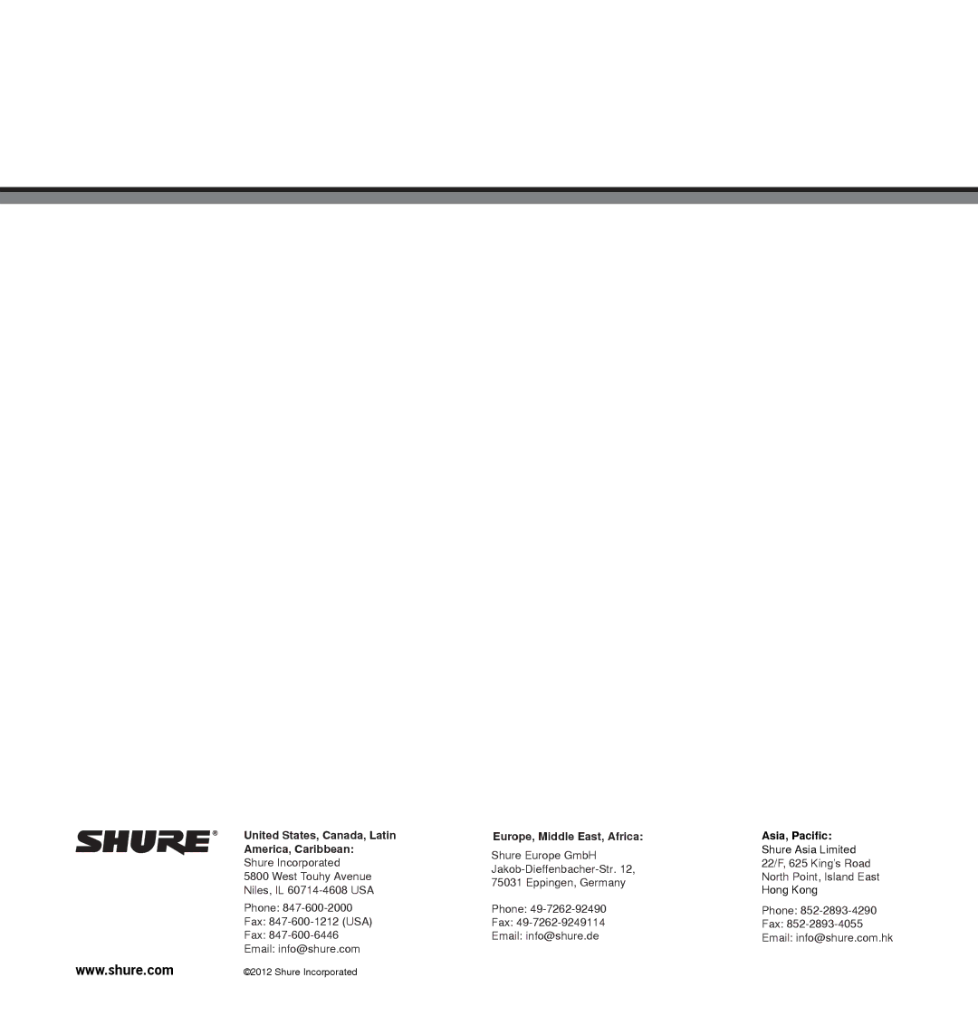 Shure 181 manual United States, Canada, Latin America, Caribbean 