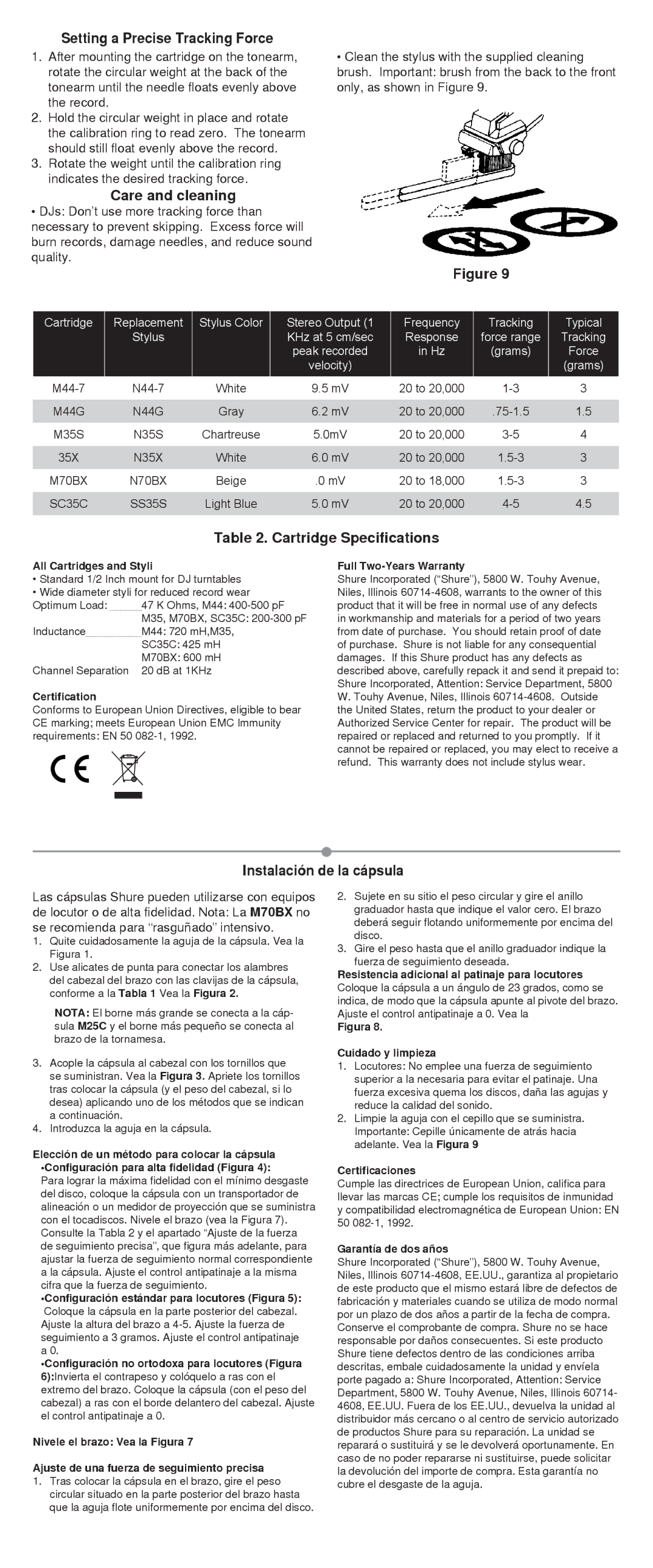 Shure 35, 25, 44 Setting a Precise Tracking Force, Care and cleaning, Cartridge Specifications, Instalación de la cápsula 