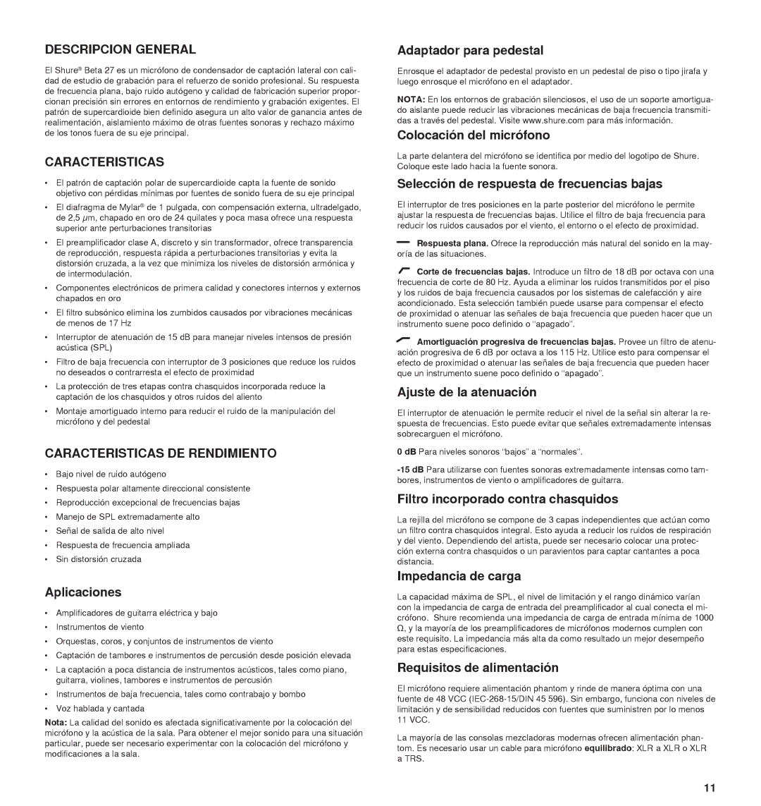 Shure 27A13709 manual Descripcion General, Caracteristicas DE Rendimiento 