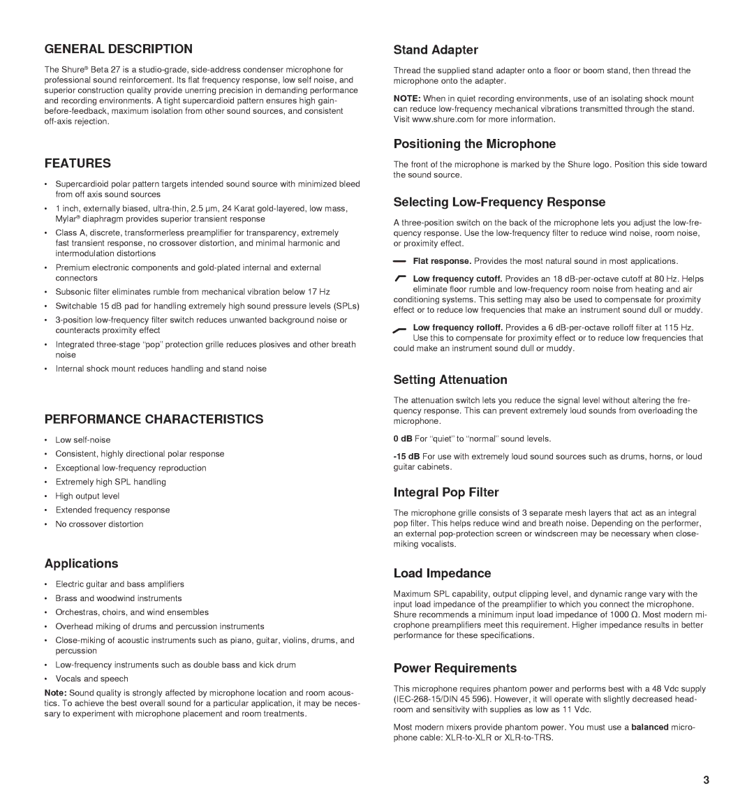 Shure 27A13709 manual General Description, Features, Performance Characteristics 