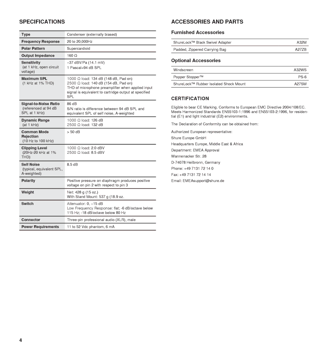 Shure 27A13709 manual Specifications, Accessories and Parts, Furnished Accessories, Optional Accessories, Certification 