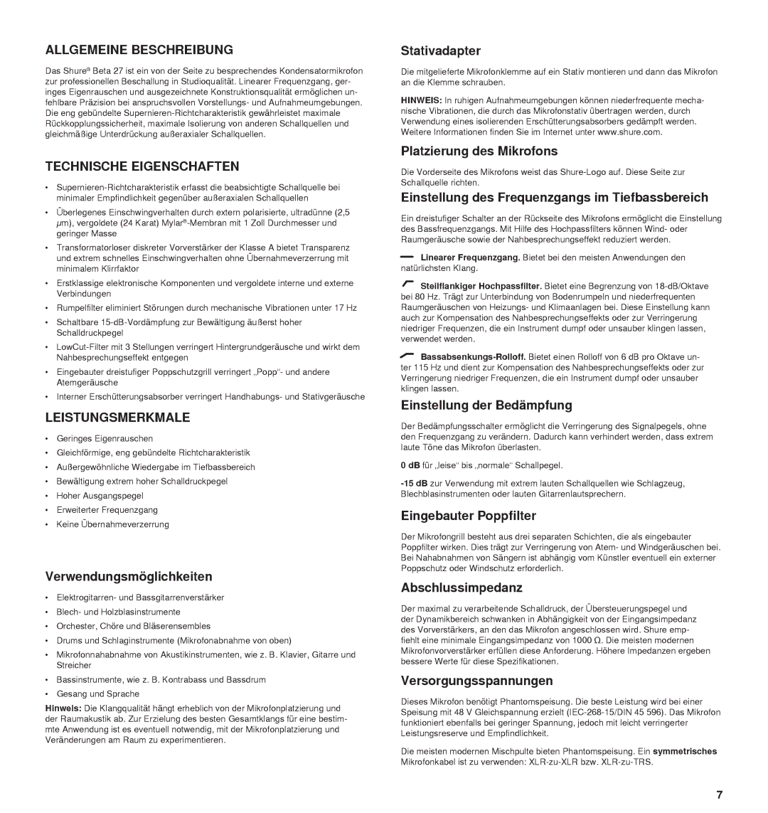 Shure 27A13709 manual Allgemeine Beschreibung, Technische Eigenschaften, Leistungsmerkmale 