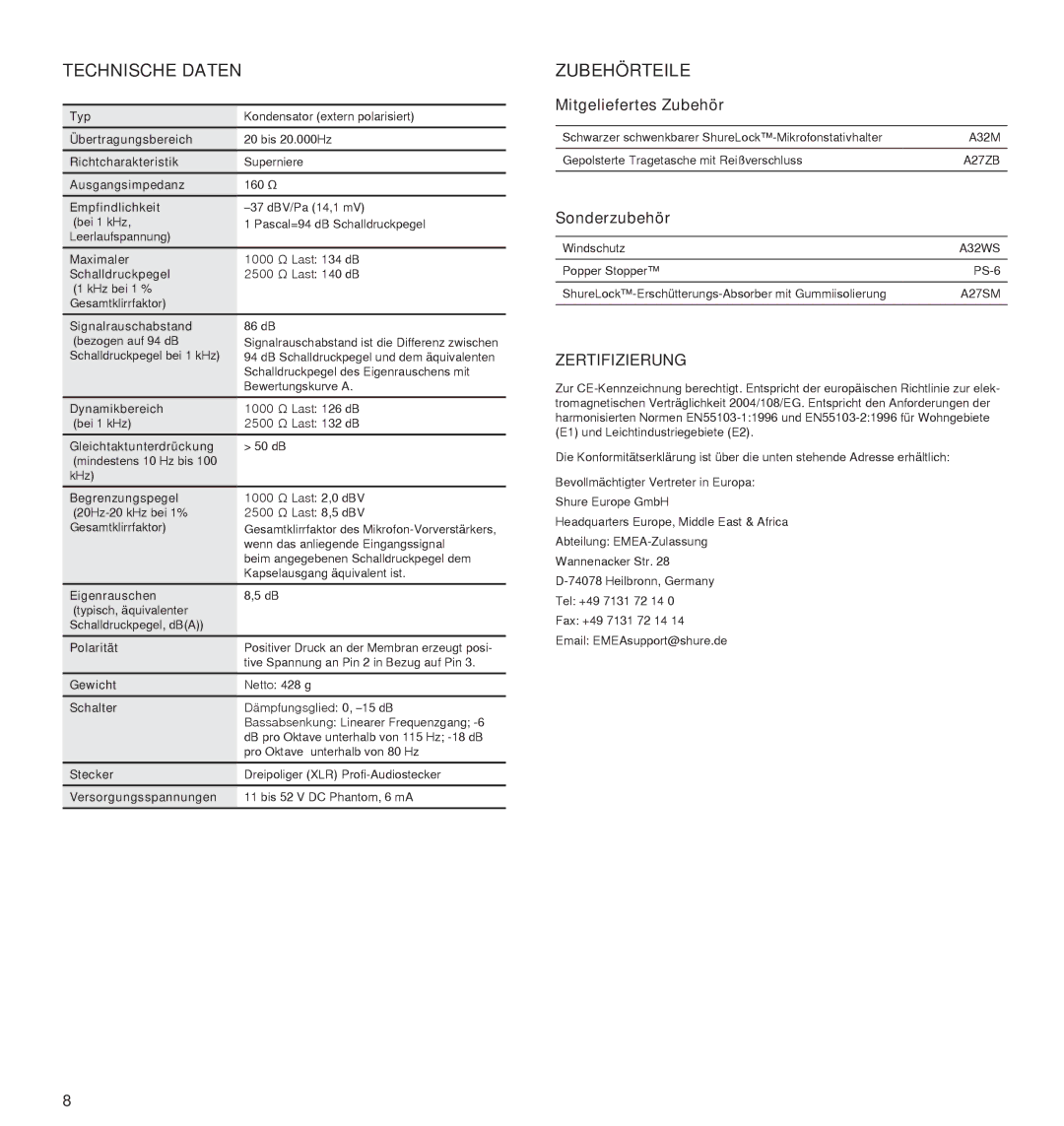 Shure 27A13709 manual Technische Daten, Zubehörteile, Mitgeliefertes Zubehör, Sonderzubehör, Zertifizierung 