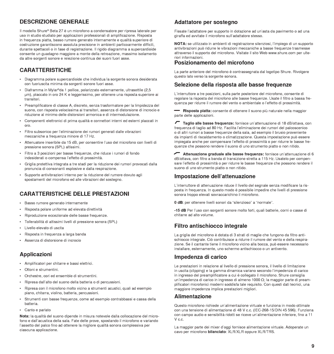 Shure 27A13709 manual Descrizione Generale, Caratteristiche Delle Prestazioni 