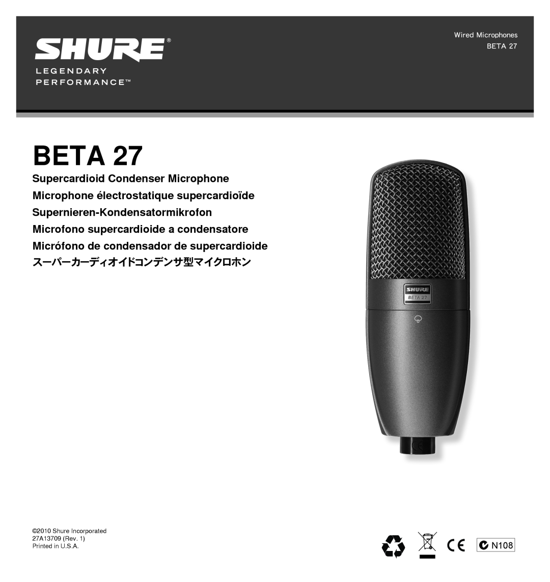 Shure 27A13709 manual Beta, スーパーカーディオイドコンデンサ型マイクロホン, N108, Wired Microphones BETA 