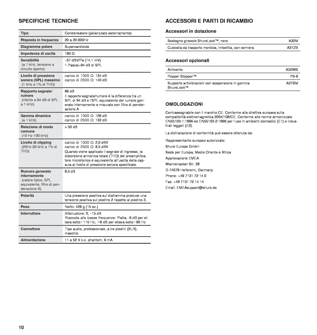 Shure 27A13709 manual Specifiche Tecniche, Accessori E Parti Di Ricambio, Accessori in dotazione, Accessori opzionali 