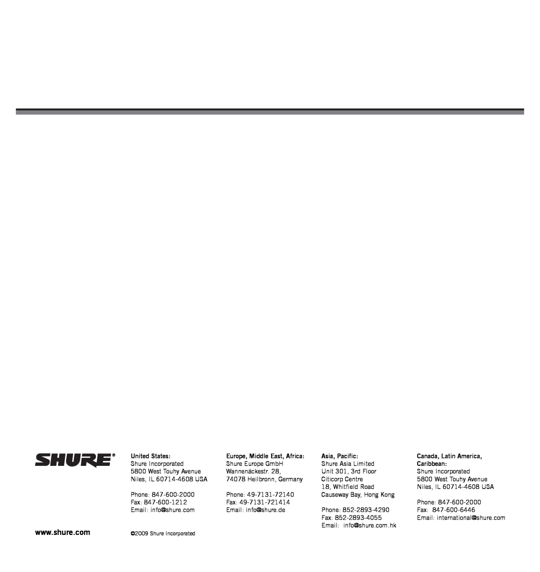 Shure 27A13709 manual United States, Europe, Middle East, Africa, Asia, Pacific, Canada, Latin America, Caribbean 