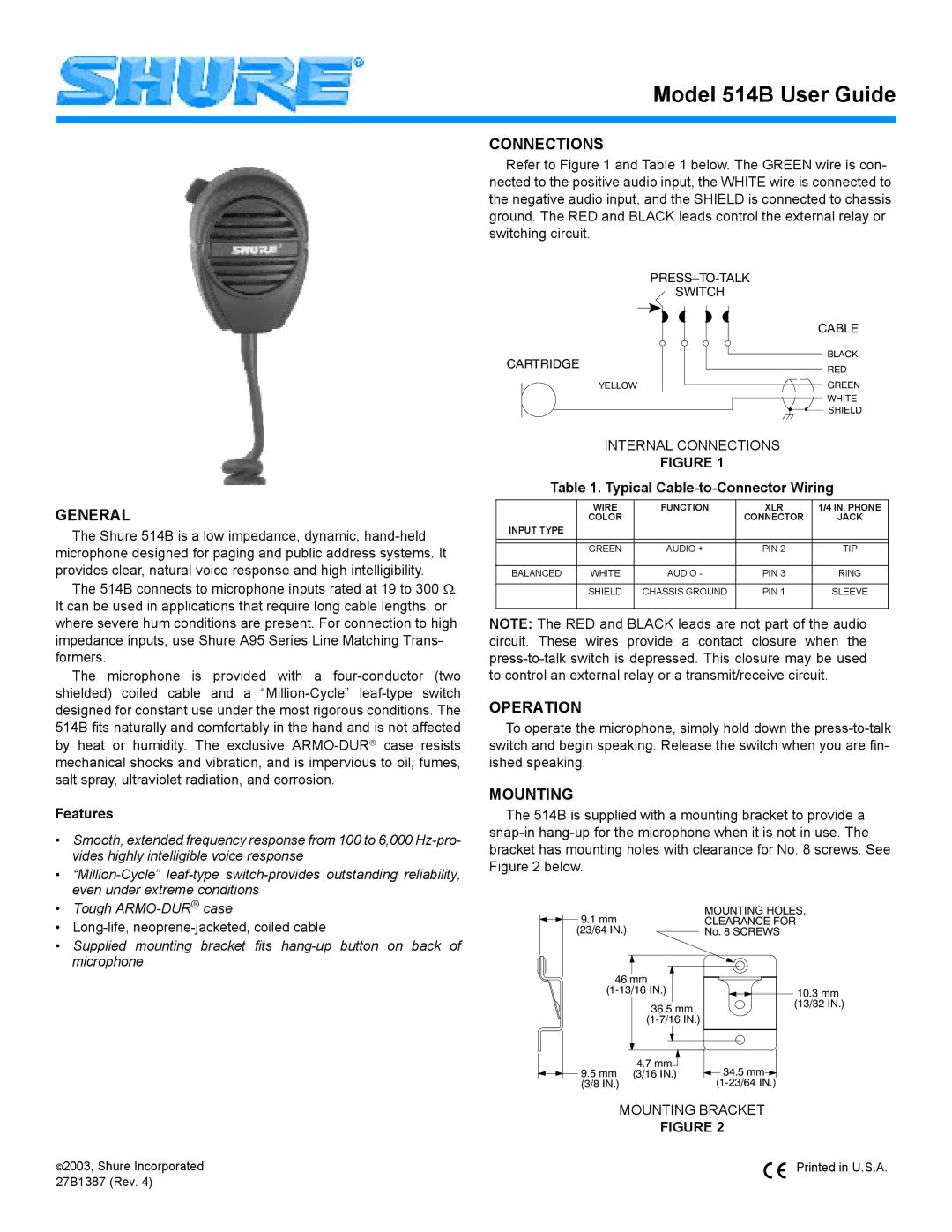 Shure 27B1387 manual General, Connections, Operation, Mounting 