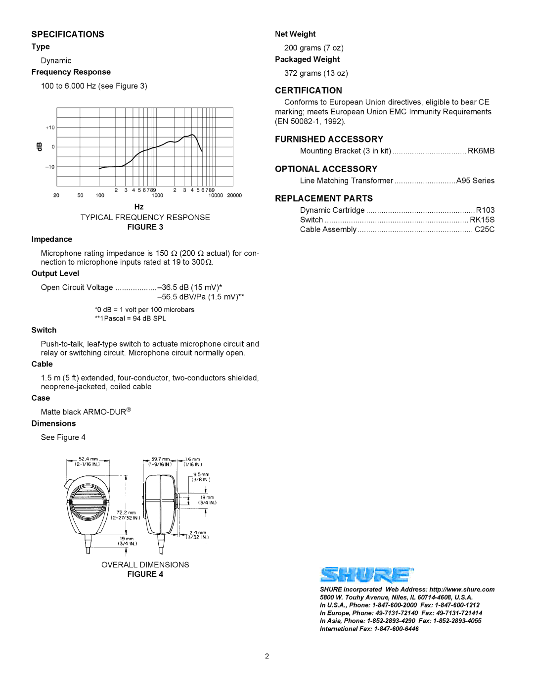 Shure 27B1387 manual Specifications, Certification, Furnished Accessory, Optional Accessory, Replacement Parts 