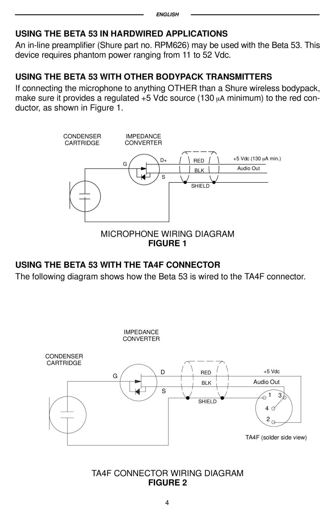 Shure 27C3115 manual Using the Beta 53 in Hardwired Applications, Using the Beta 53 with Other Bodypack Transmitters 