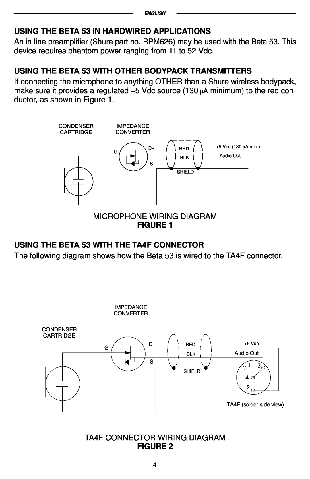 Shure 27C3115 manual USING THE BETA 53 IN HARDWIRED APPLICATIONS, FIGURE USING THE BETA 53 WITH THE TA4F CONNECTOR 