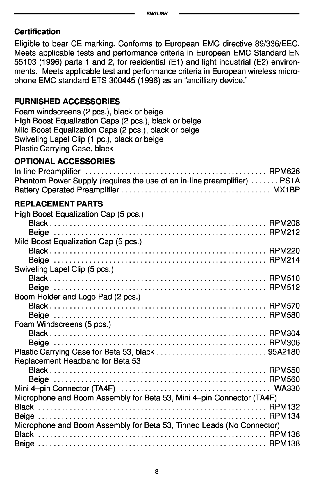 Shure 27C3115 manual Certification, Furnished Accessories, Optional Accessories, Replacement Parts 
