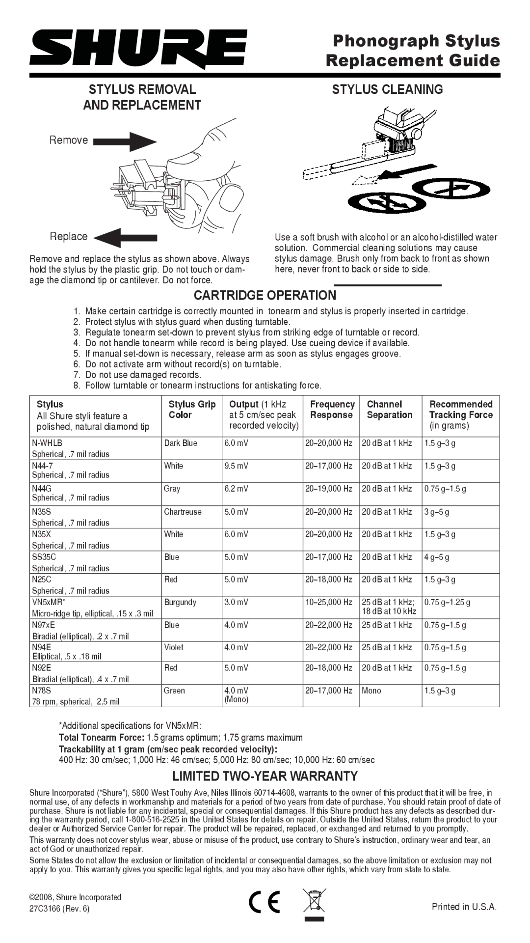 Shure 27C3166 warranty Stylus Cleaning, Cartridge Operation, Limited TWO-YEAR Warranty 