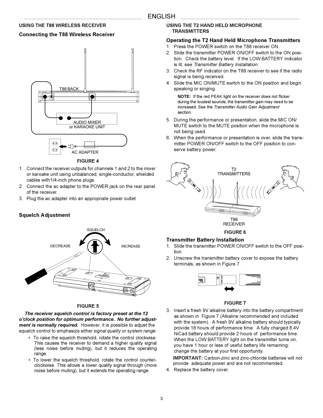 Shure 27C8642 Connecting the T88 Wireless Receiver, Squelch Adjustment, Operating the T2 Hand Held Microphone Transmitters 