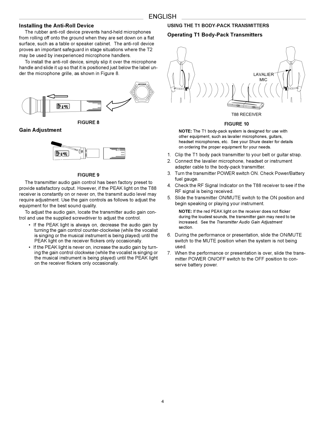 Shure 27C8642 manual Installing the Anti-Roll Device, Gain Adjustment, Operating T1 Body-Pack Transmitters 