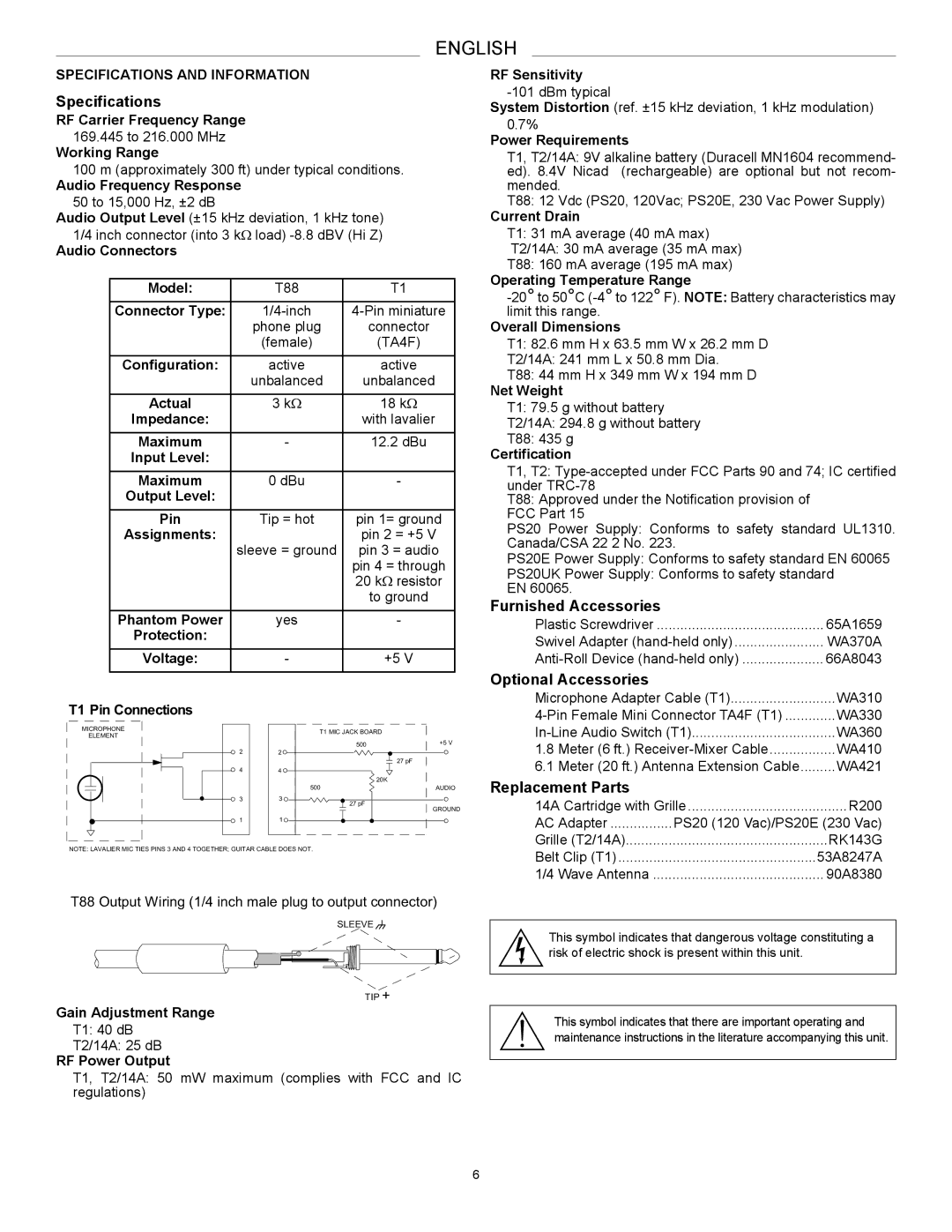 Shure 27C8642 manual Specifications, Furnished Accessories, Optional Accessories, Replacement Parts 