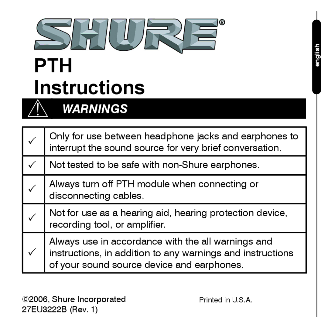 Shure 27EU3222B manual Pth 