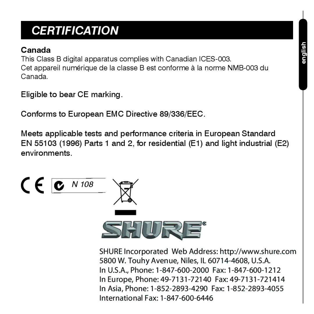 Shure 27EU3222B manual Certification, Canada 