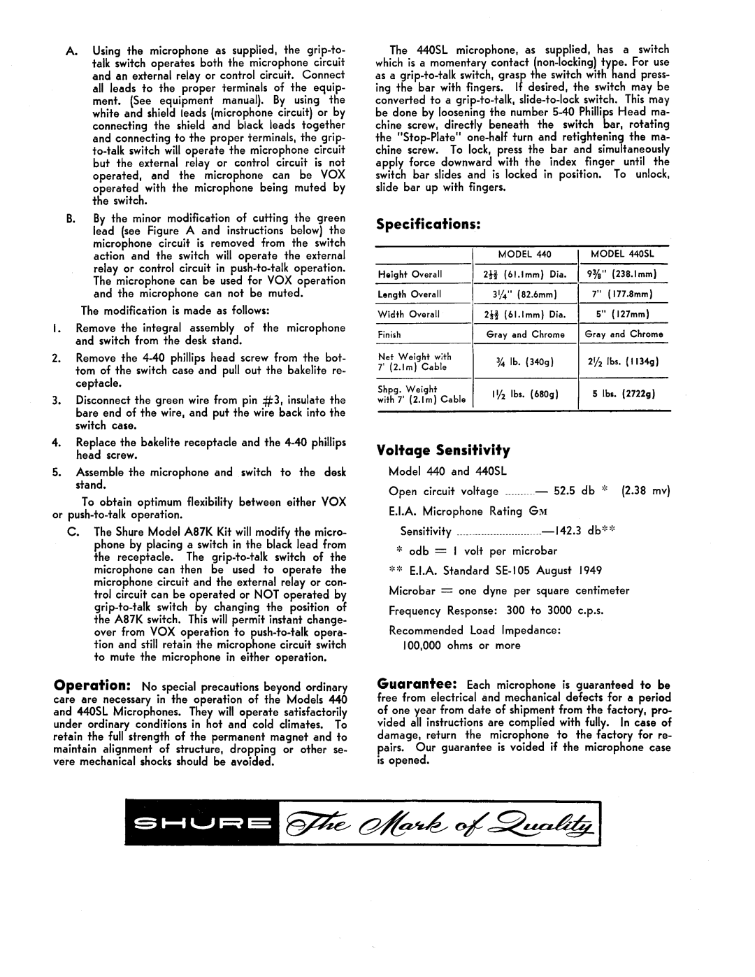 Shure 440 manual Specifications, Voltage Sensitivity, Model 