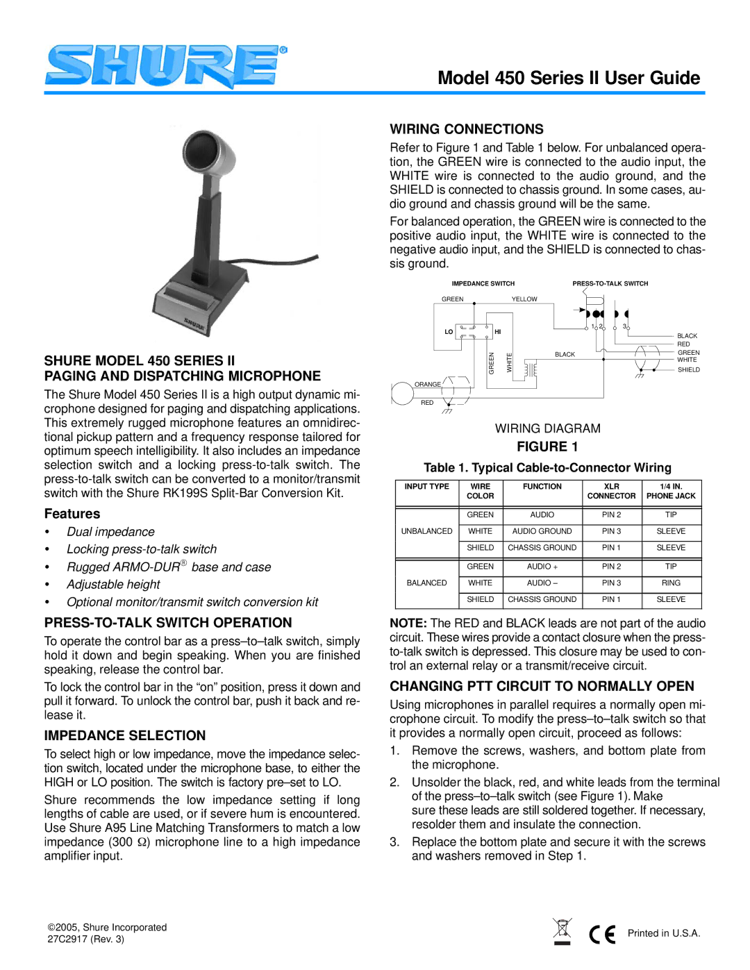 Shure 450 Series II manual Wiring Connections, Shure Model 450 Series Paging and Dispatching Microphone 