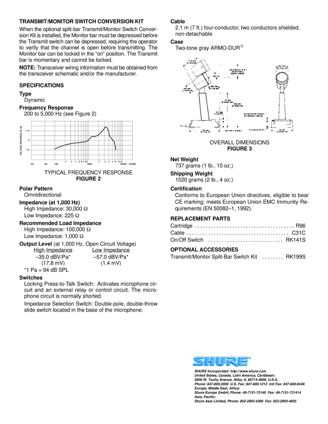 Shure 450 Series II manual TRANSMIT/MONITOR Switch Conversion KIT, Specifications, Replacement Parts, Optional Accessories 