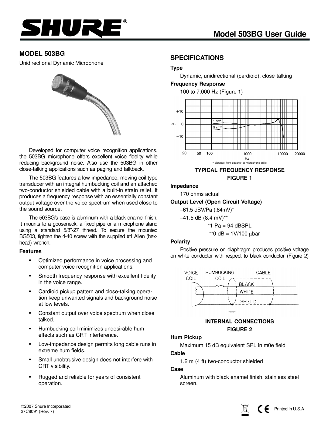 Shure specifications Model 503BG, Specifications, Typical Frequency Response, Internal Connections 