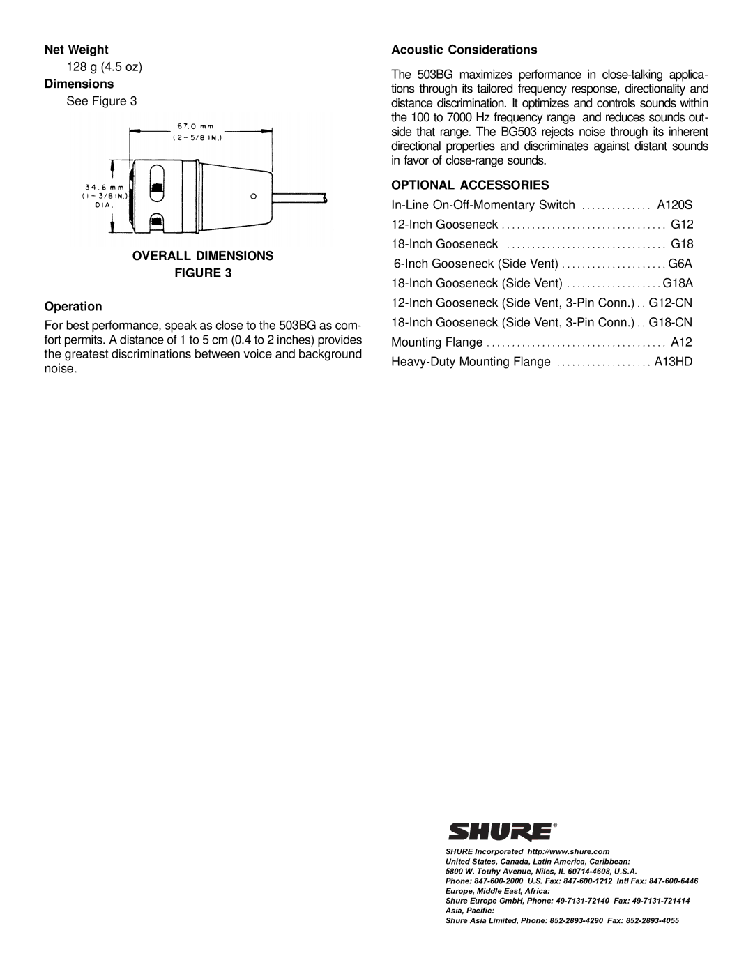 Shure 503BG specifications Overall Dimensions, Optional Accessories 