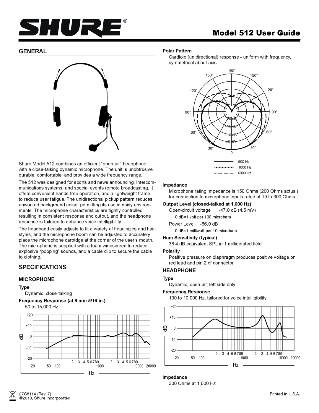 Shure 512 specifications General, Specifications, Microphone, Headphone 