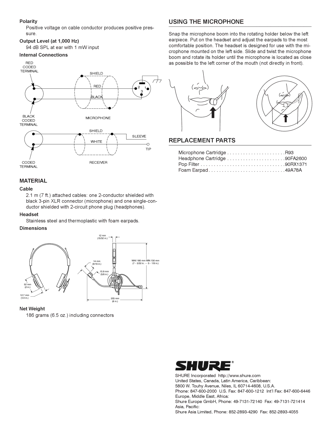 Shure 512 specifications Using the Microphone, Replacement Parts, Material 