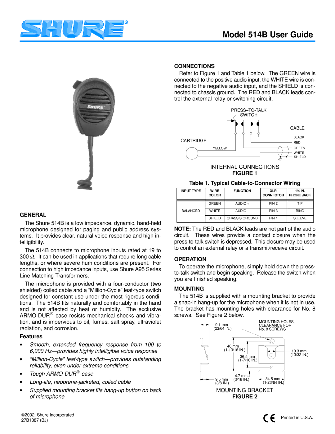 Shure 514B manual General, Connections, Operation, Mounting 