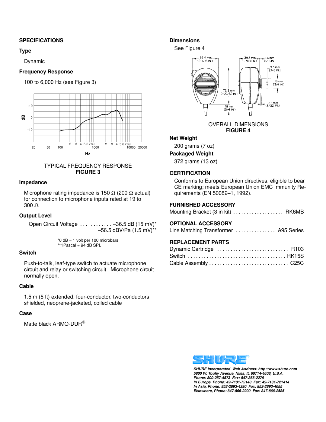 Shure 514B manual Specifications, Certification, Furnished Accessory, Optional Accessory, Replacement Parts 