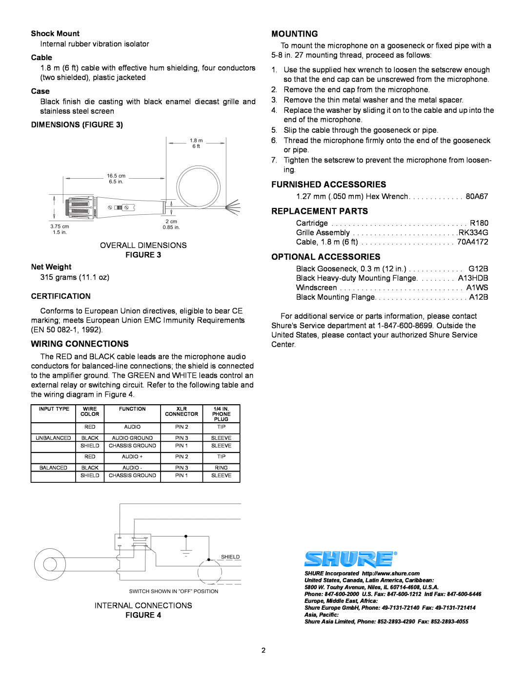 Shure 515BSLX Wiring Connections, Mounting, Furnished Accessories, Replacement Parts, Optional Accessories, Shock Mount 