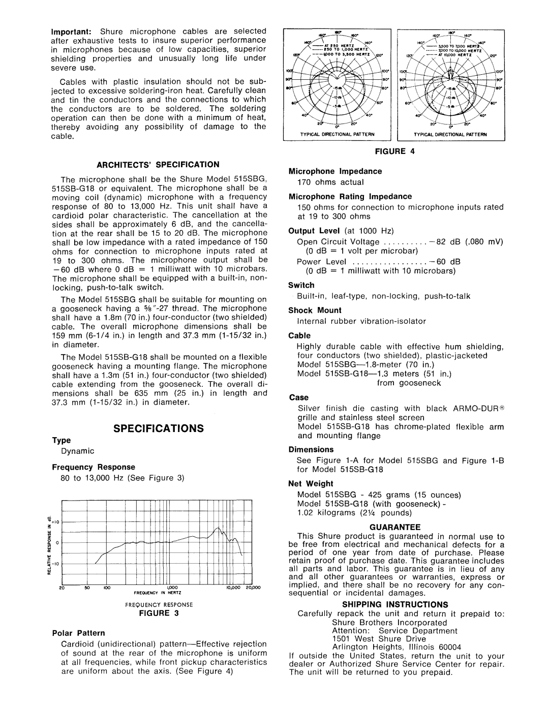 Shure 515SBG, 15SB-GI8 dimensions Architects Specification, Guarantee, Shipping Instructions 