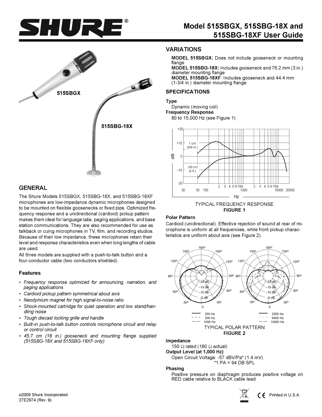 Shure 515SBGX specifications General, Variations, Specifications 