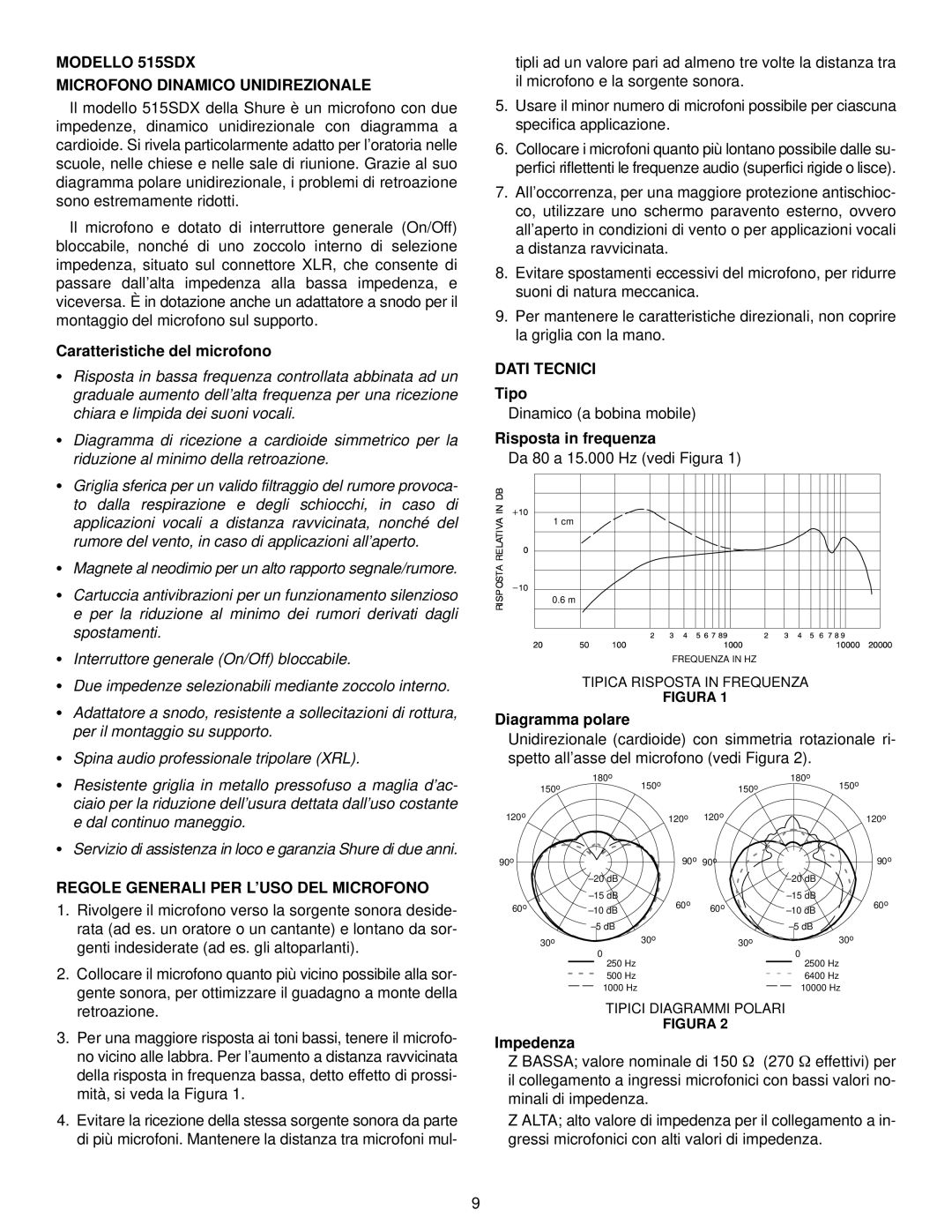 Shure warranty Modello 515SDX Microfono Dinamico Unidirezionale, Regole Generali PER L’USO DEL Microfono, Dati Tecnici 