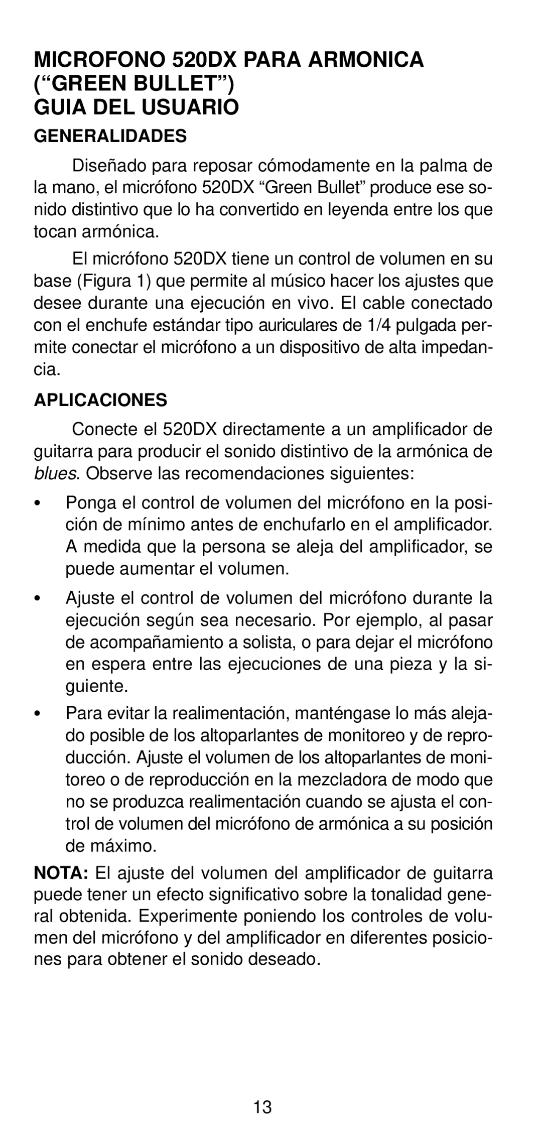 Shure 520DX manual Generalidades, Aplicaciones 