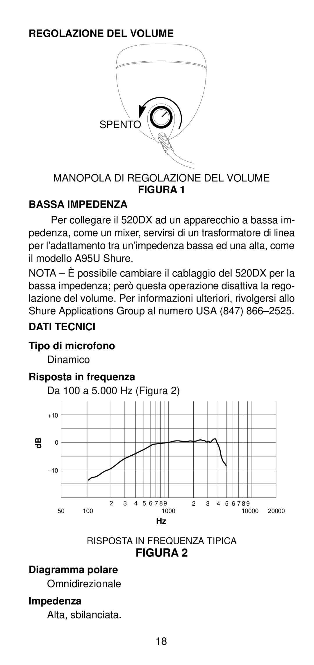 Shure 520DX manual Regolazione DEL Volume, Dati Tecnici 