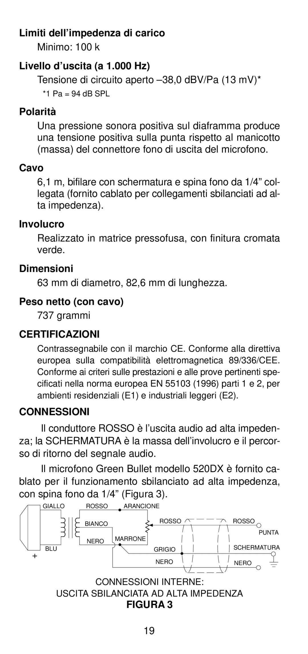 Shure 520DX manual Certificazioni, Connessioni 