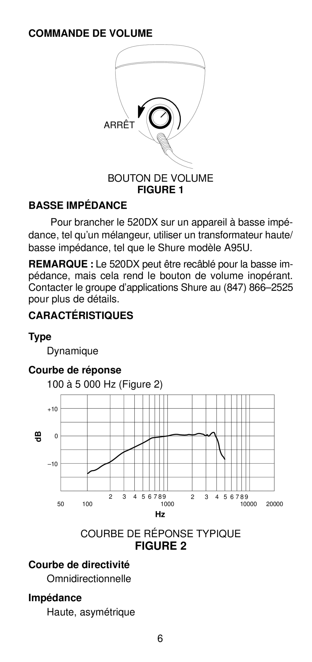 Shure 520DX manual Commande DE Volume, Basse Impédance, Caractéristiques 