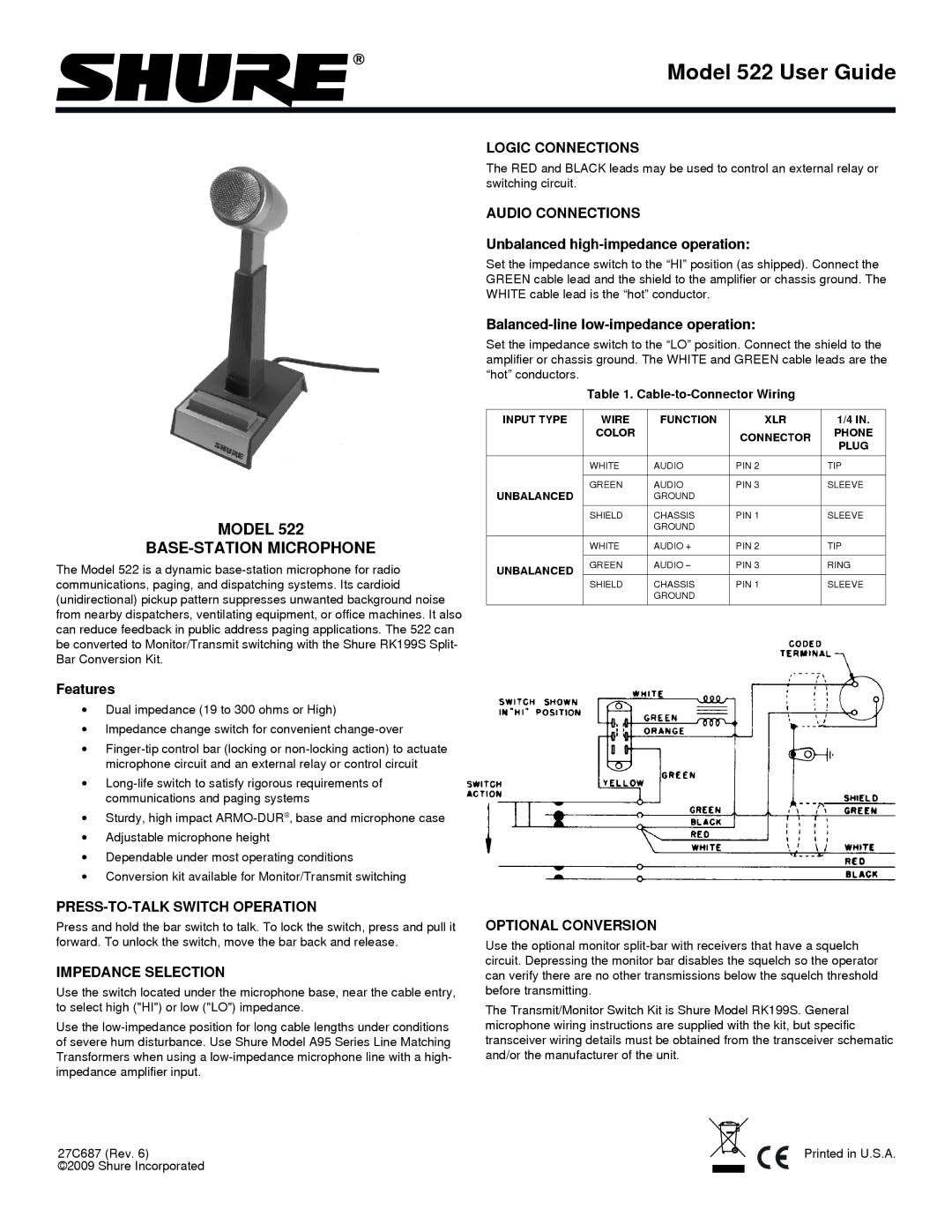 Shure 522 manual Model BASE-STATION Microphone 