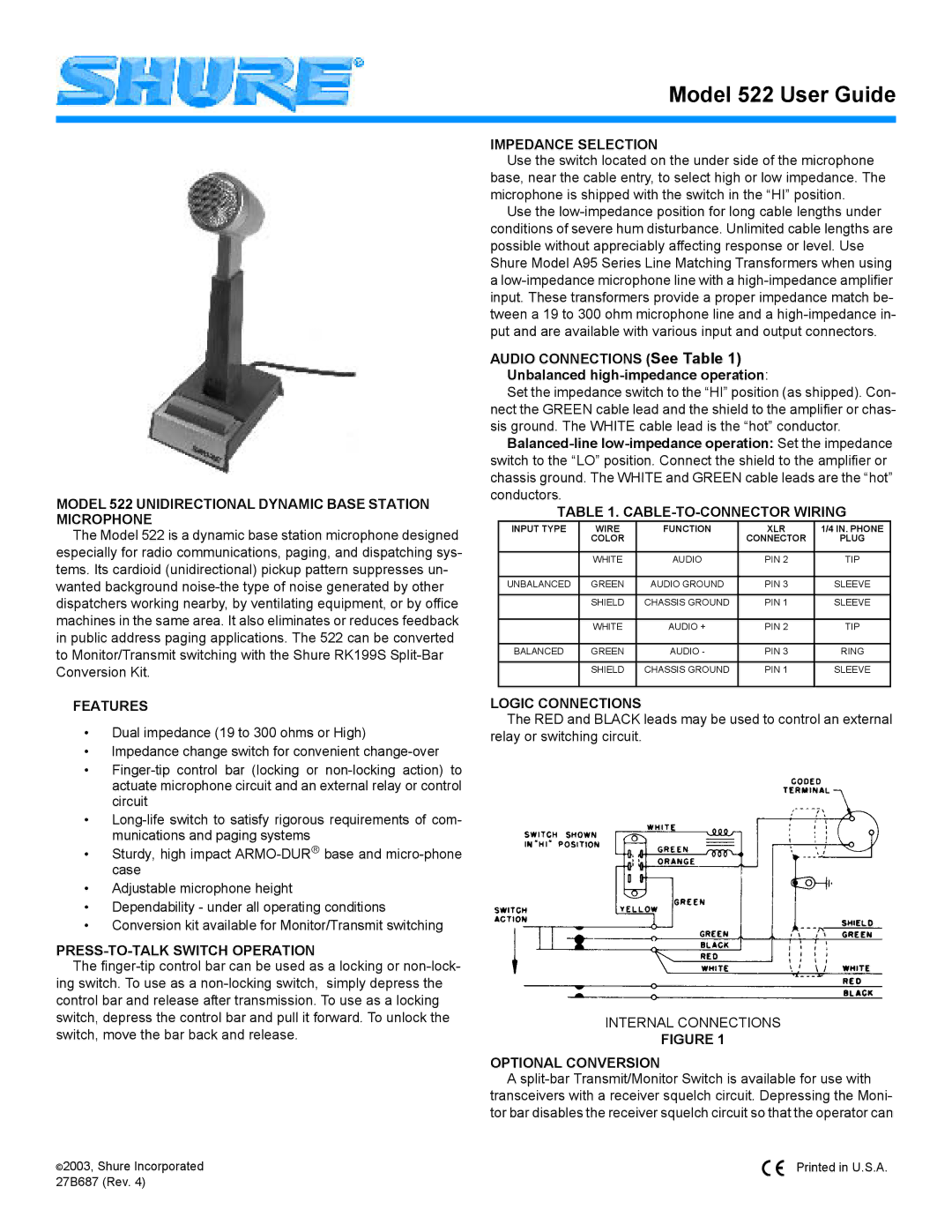 Shure manual Model 522 Unidirectional Dynamic Base Station Microphone, Features, PRESS-TO-TALK Switch Operation 