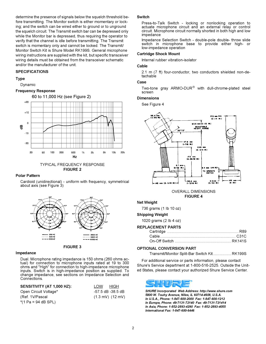 Shure 522 manual Specifications, Sensitivity AT 1,000 HZ, Replacement Parts, Optional Conversion Part 