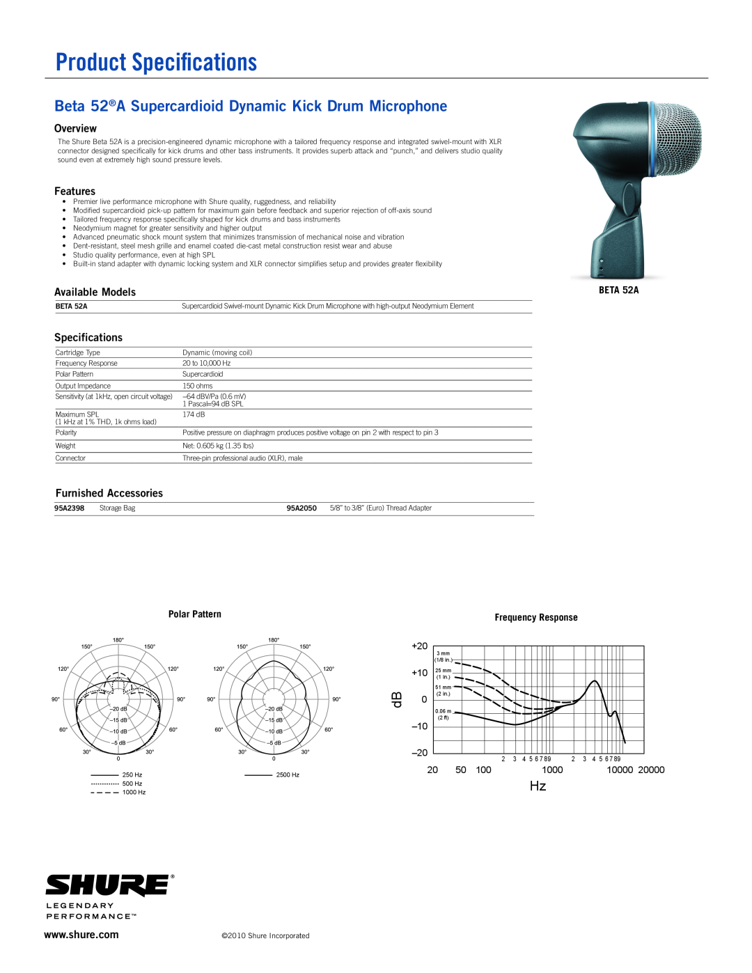 Shure specifications Product Specifications, Beta 52A Supercardioid Dynamic Kick Drum Microphone, Overview, Features 