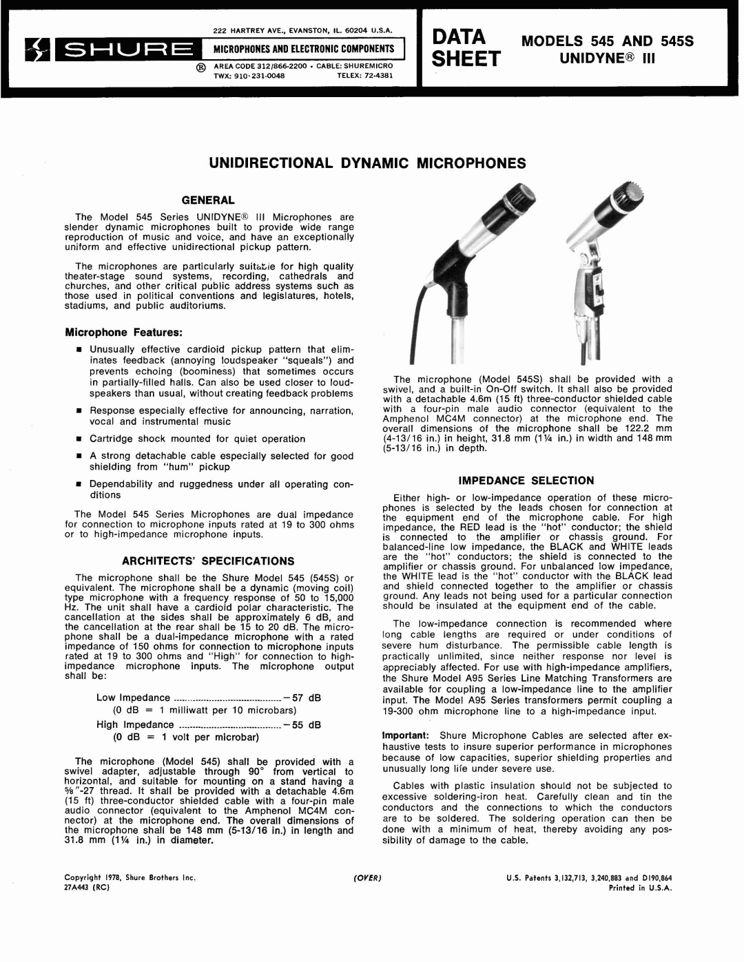 Shure 545S specifications General, Architects Specifications, Impedance Selection 